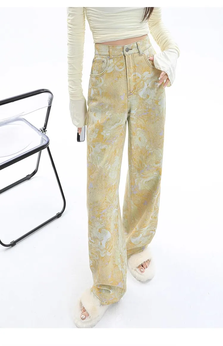 2024 Tie-dye Printed Yellow Jeans Women High Waist Loose Wide Leg Denim Pants Spring Trousers Jean Pantalones P101