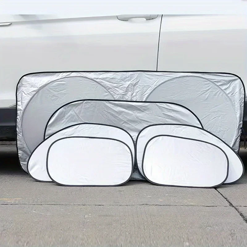 

6Pcs Folding Silver Reflective Car Windshield Window Sun Shade Visor Shield Cover Suction Cup Sunshield Sunscreen Curtain Tools