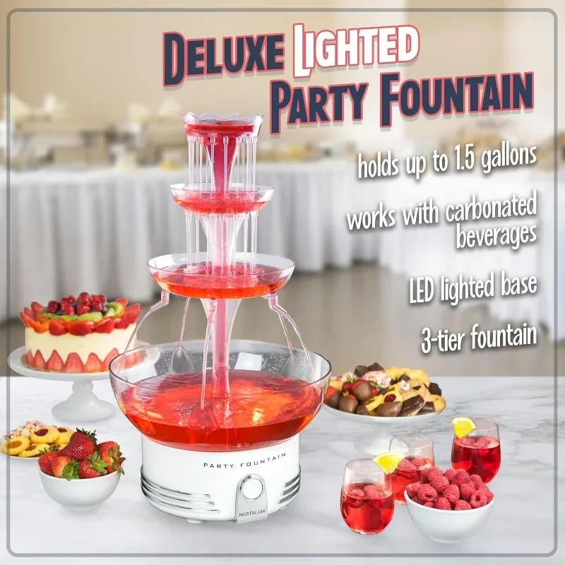 Countertop Retro Lighted Party Beverage Fountain – 1.5 Gallon Capacity, 3-Tiered Cascading Tower with LED Base