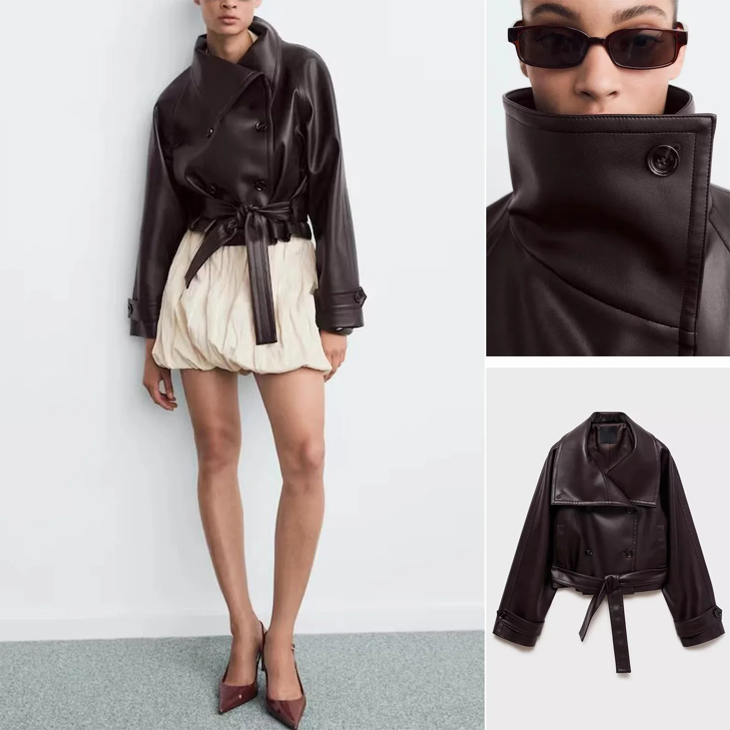 خريف جديد المرأة طويلة Sve الوقوف طوق بولي Leather تأثير الجلود ort Jaet معطف مع حزام Faionable سليم صالح تخفيف Sle