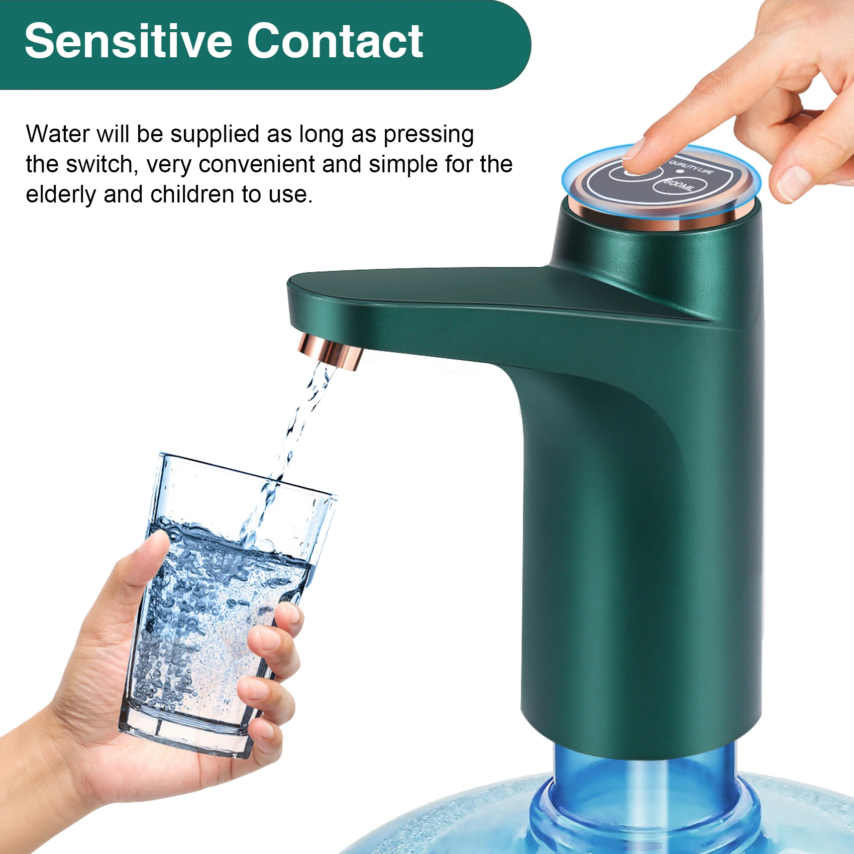 เครื่องปั๊มน้ําขวดไฟฟ้าพร้อมฐาน USB ตู้น้ํา เครื่องปั๊มน้ําอัตโนมัติแบบพกพา ถังใส่ขวด - สีเขียว