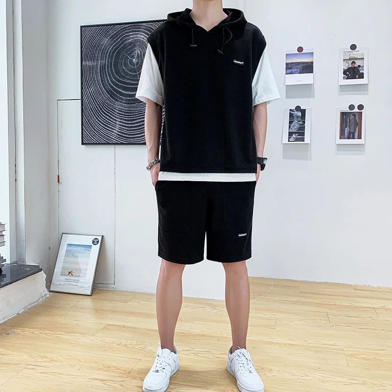 

Casual Summer 2 PCS Men's Sets Short-Sleeve Suit Hooded Top T-Shirt&Elastic Waist Knee-Length Pants Joggers Two-Piece Tracksuits