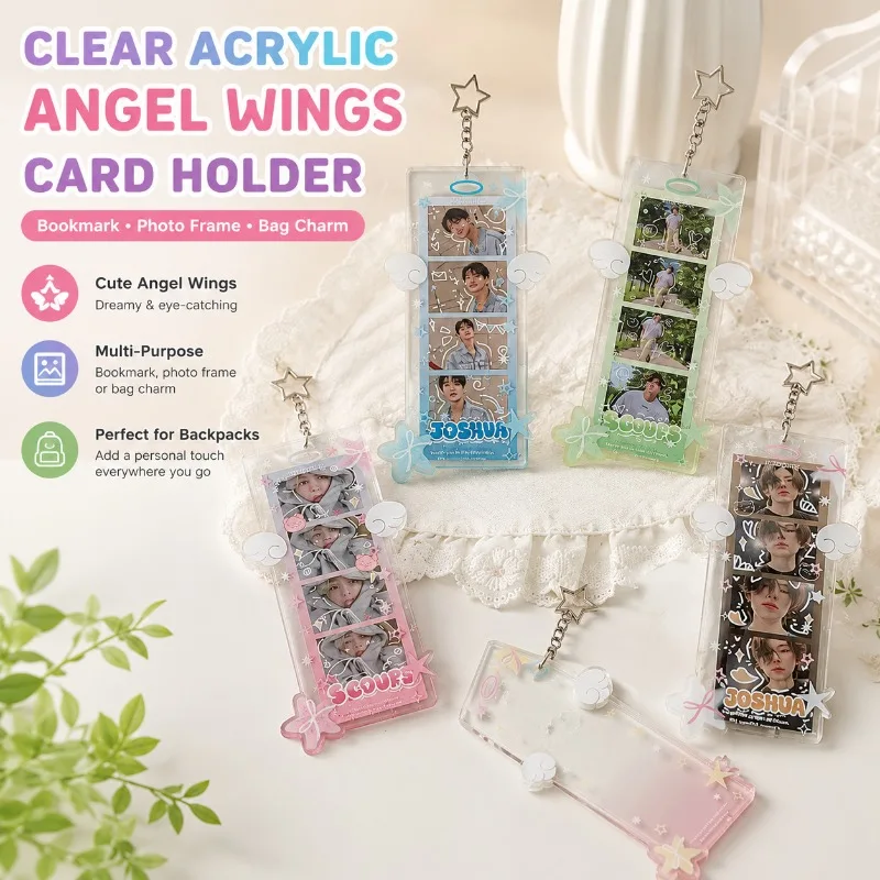 Ins Style Angel Wing Clear Acrylic Photocard Holder 4-cut Photo Frame Bookmark Backpack Hanging Pendant Kpop Fans Collectible