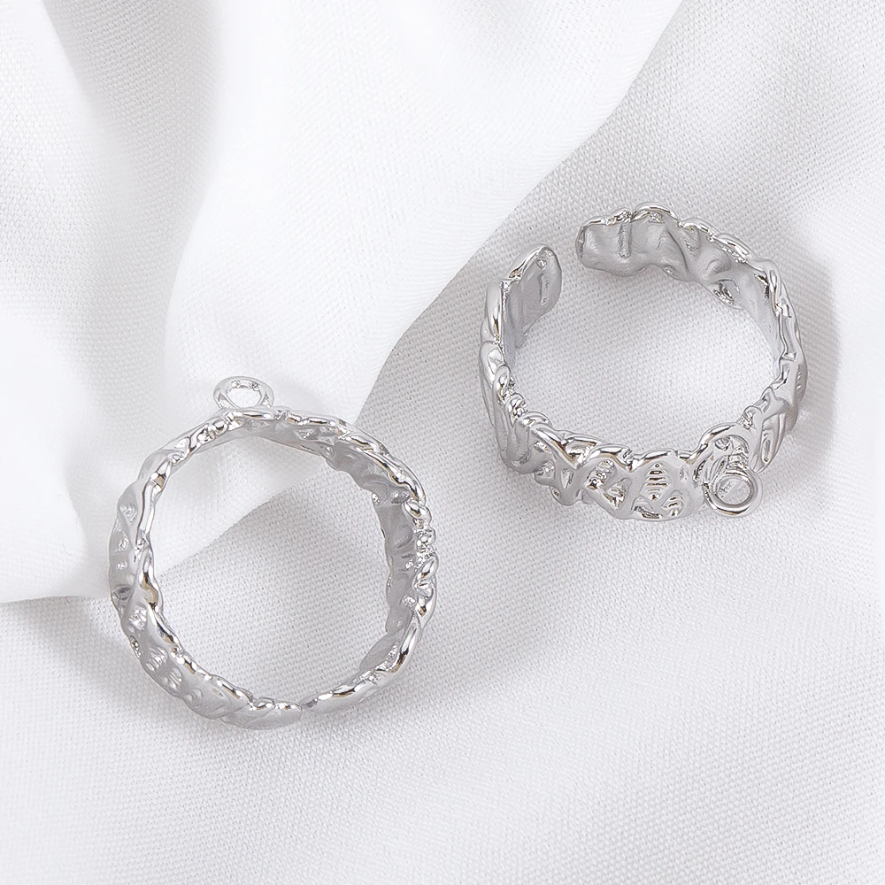 2Pcs/lot Embossed Open Hammer Texture Wide Adjustable Ring Settings Blank Rings Base Jewelry Making DIY Finger Ring With Loop
