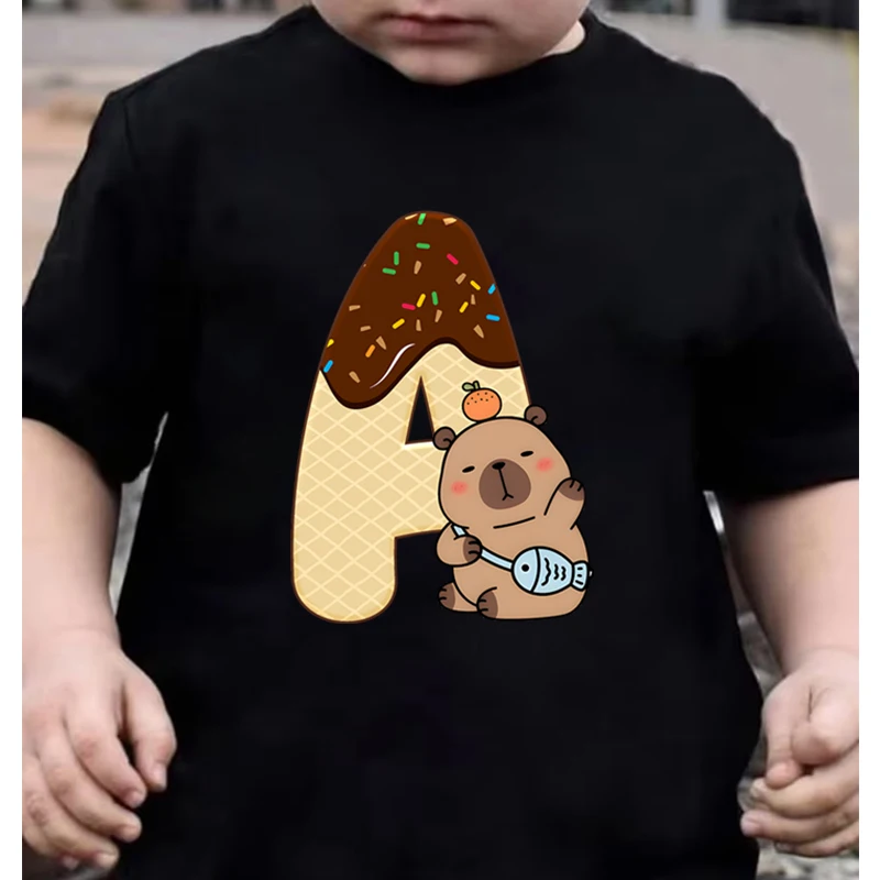 Girls Boys Capybara Letter K T-Shirt Funny Birthday Casual Top Kids Cotton Tee Short Sleeve Harajuku Y2K Tops 26 Initials Shirts