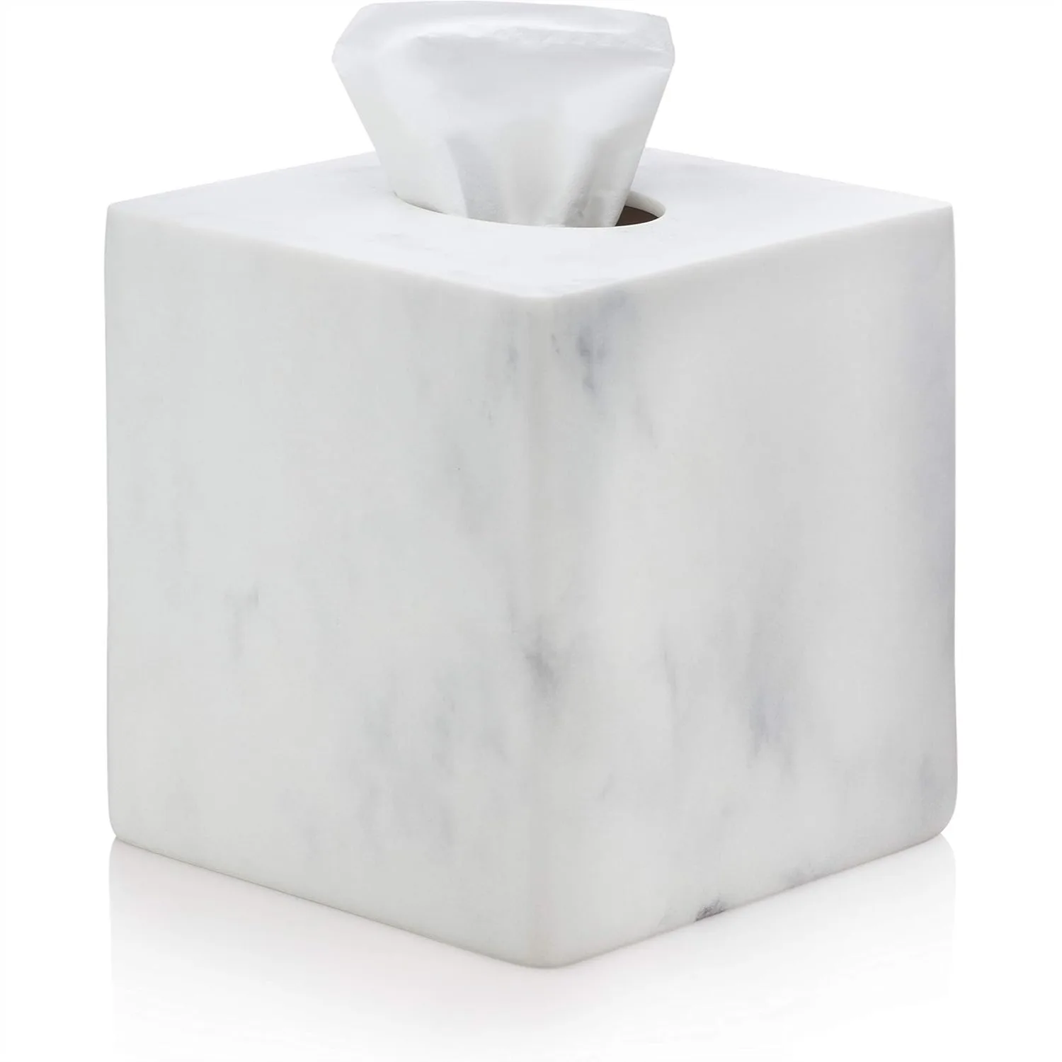

White Marble Square Tissue Box Cover with Subtle Grey Veining for Home and Office