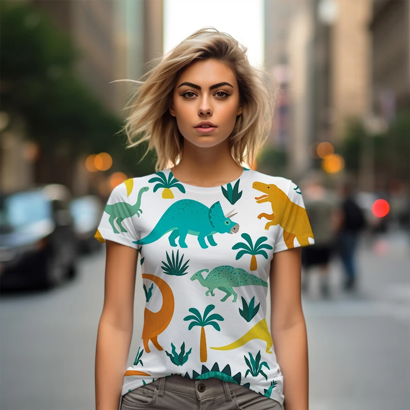 T-shirt imprimé dinosaure 3D pour femme, style mignon, décontracté, tendance de la mode, été, nouveau