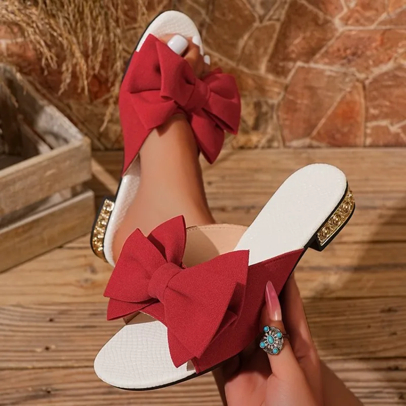

Summer New Round Headed Sexy/Comfortable Flat Casual Slippers Fashionable Elegant Bow Tie Thick Heel Beach Slippers