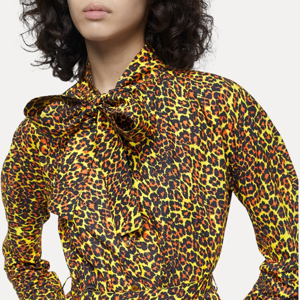 Women\'s Long Sleeve Leopard Print Dress, Irregular Cut, Bowknot Collar, Temperament Commuter, Fashion, Spring, New, Y2K, 2024