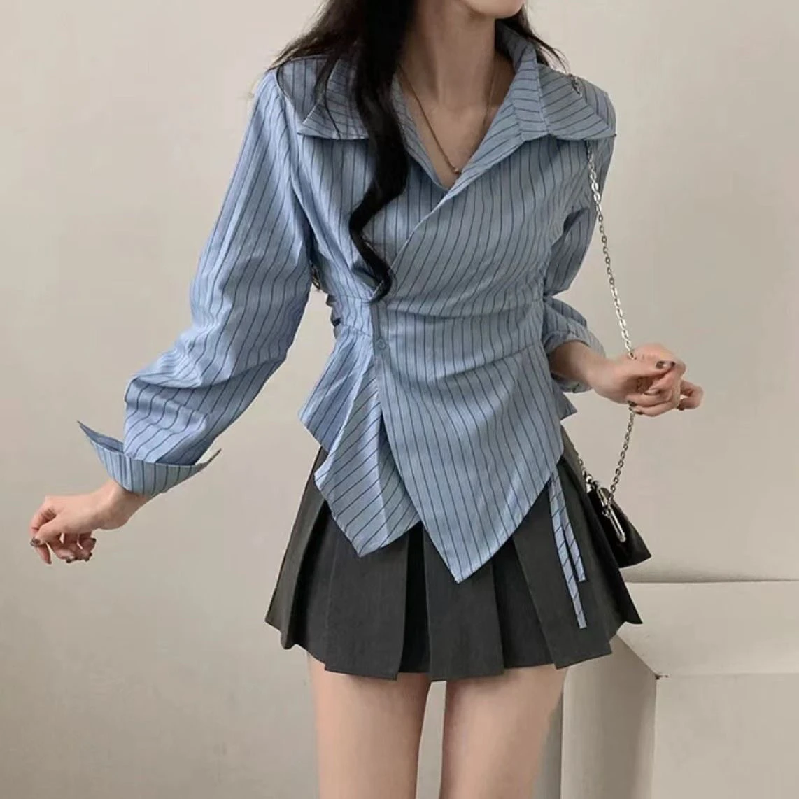 

Faionable Striped irt Slimming Waist Design Casual Sle Long Sve Collared irt Korean Sle Early Spring New Arrival