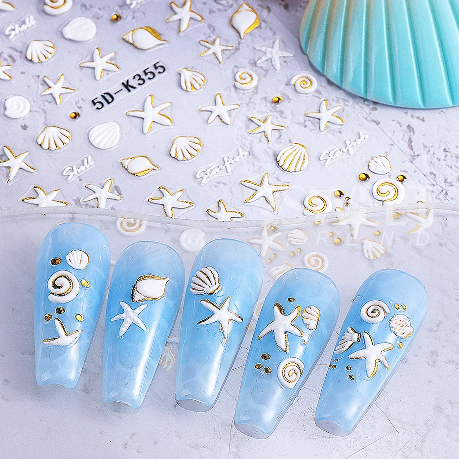 5D Oro bianco Animali dell'oceano Adesivi per unghie in rilievo Conchiglie di mare metalliche Conchiglia Stella marina Decalcomanie per unghie Decorazione Cursore per manicure fai da te