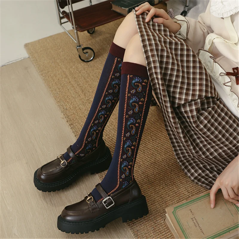 Japanese Girls Thermal Warm Knee High Long Socks Stockings Women Gothic Floral Embroidery Harajuku Vinage Lingerie Underwear