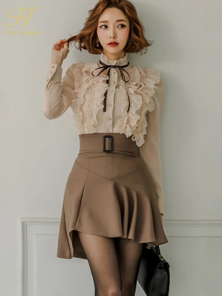 H Han Queen Hot Sales Women Spring Casual 2 Pieces Set Single-Breasted Ruffles Tops + Simple Mermaid Skirt Korean Skirt Suit