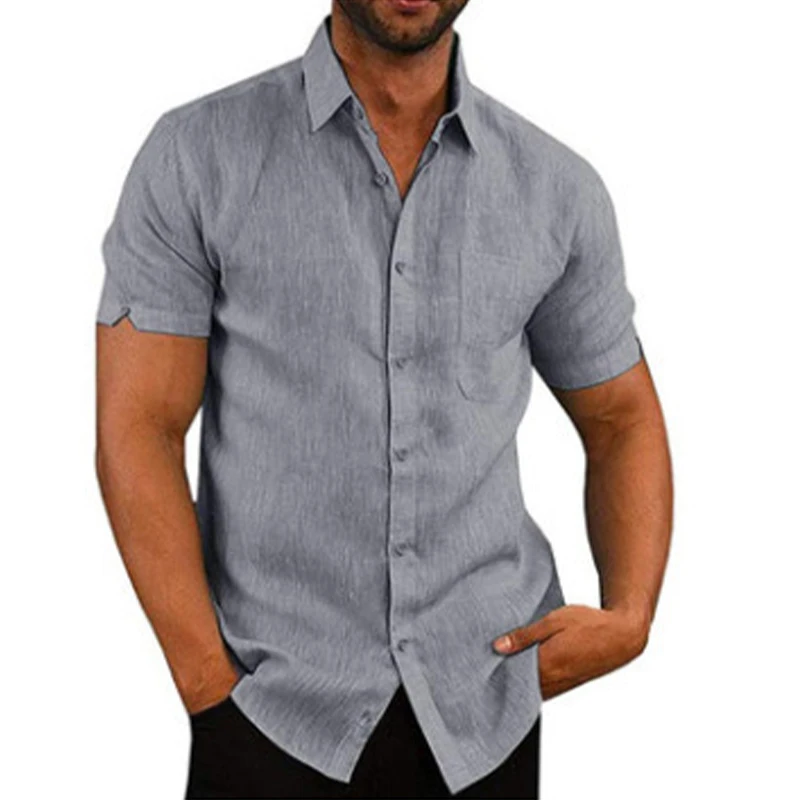 2024 new Cotton Linen Hot Sale Men\'s Short-Sleeved Shirts Summer Solid Color Turn-down collar Casual Beach Style Plus Size