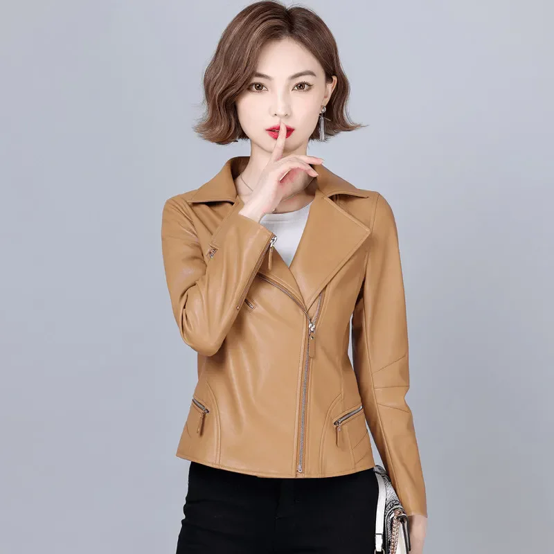 New Women Biker Leather Jacket Spring Autumn Casual Fashion Turn-down Collar Slim Sheepskin Short Coat Split Leather Moto Jacket