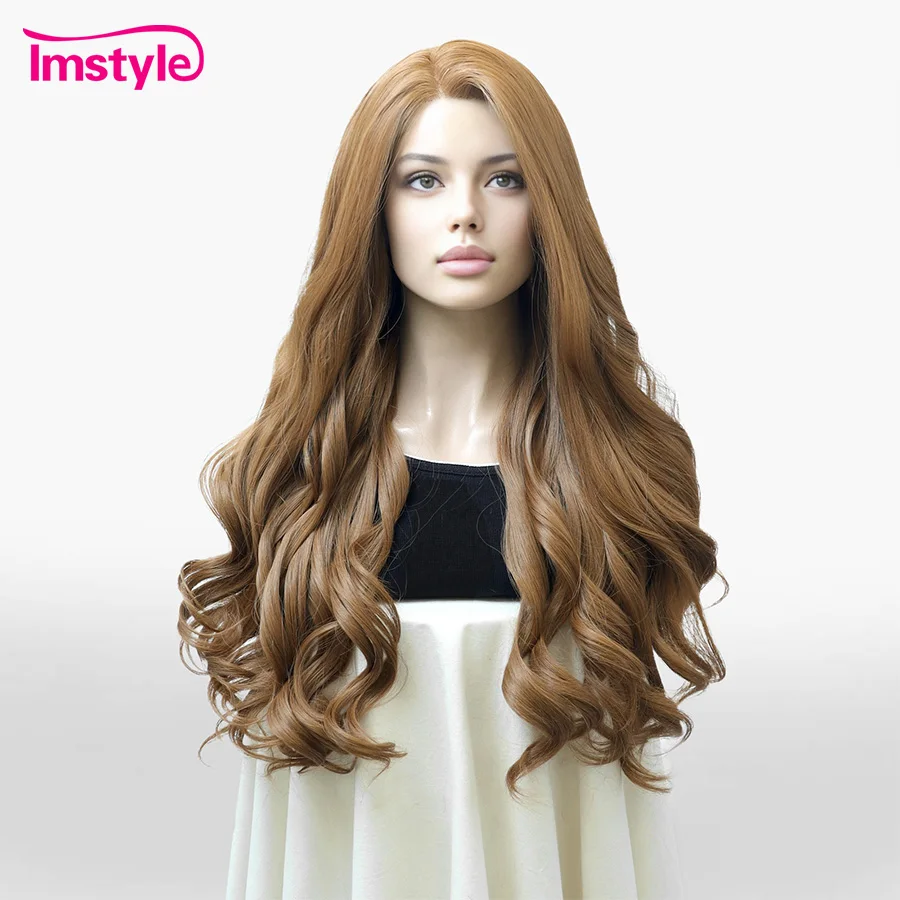 Imstyle Brown Synthetic Lace Front Wig Long Wavy for Women Heat Resistant Fiber Daily Use Cosplay Hair Wig