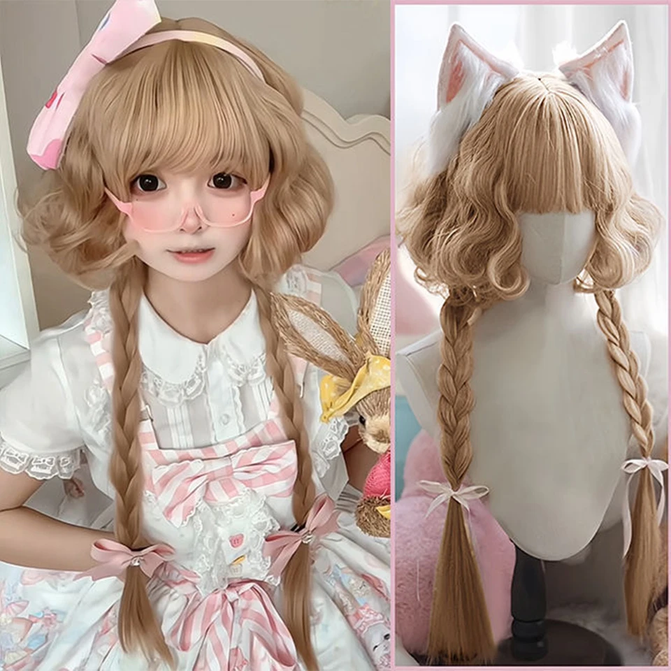 

Synthetic Lolita Curly Hair With Bangs Golden Anime Wig Oberl Woman Party Cosplay Wig Golden Curly Jellyfish Double Ponytail Wig