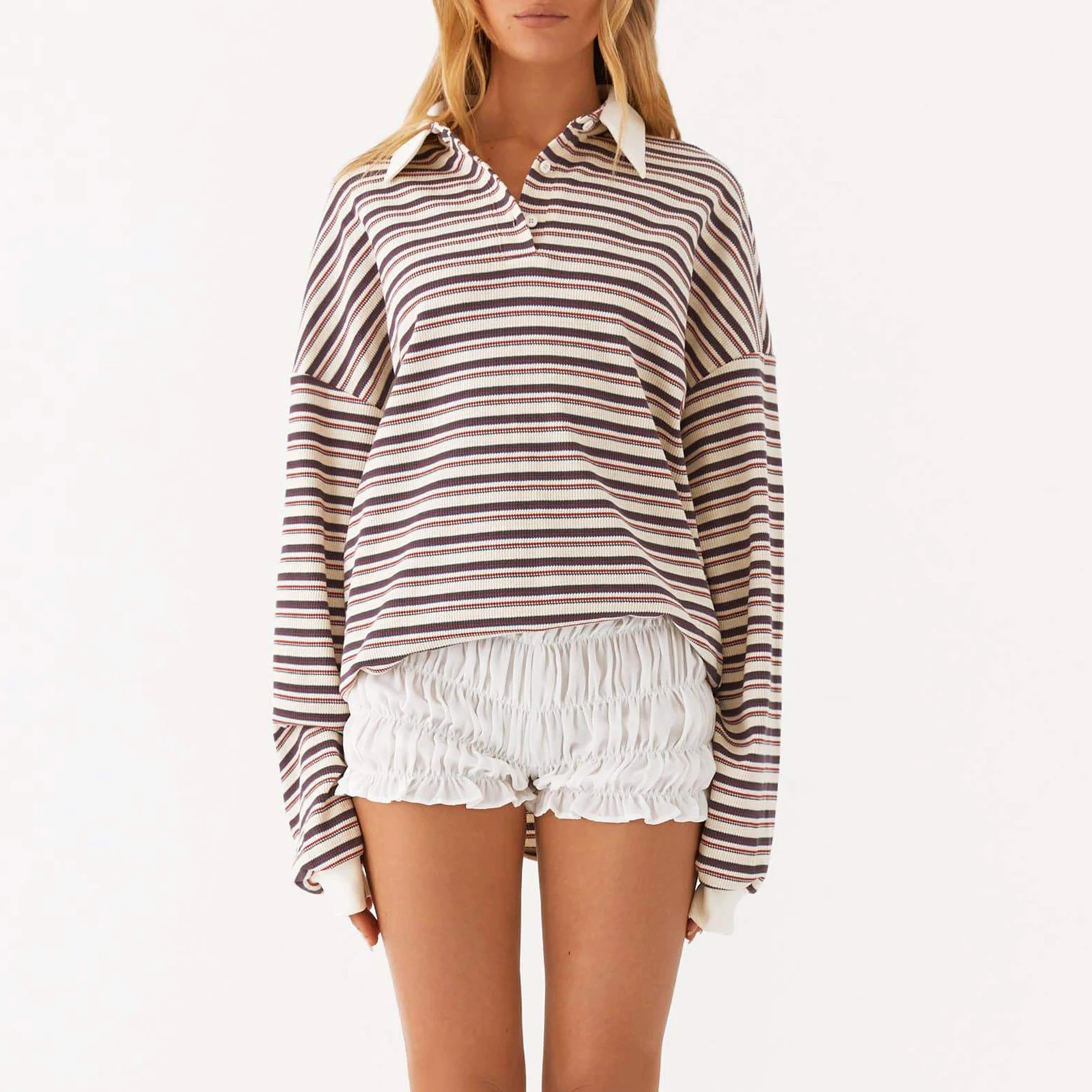 Vintage Lapel Neck SweaterWomen's Striped T-Shirts Contrast Color Long Sleeve Button-up Casual Pullover Tops