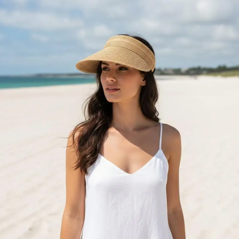 Gewebter Stroh-Sonnenschutzhut für Frauen, UV-Schutz, breite Krempe für Sommer, Strand, Reisen, Wandern, Camping, täglichen Gebrauch – Detail 6