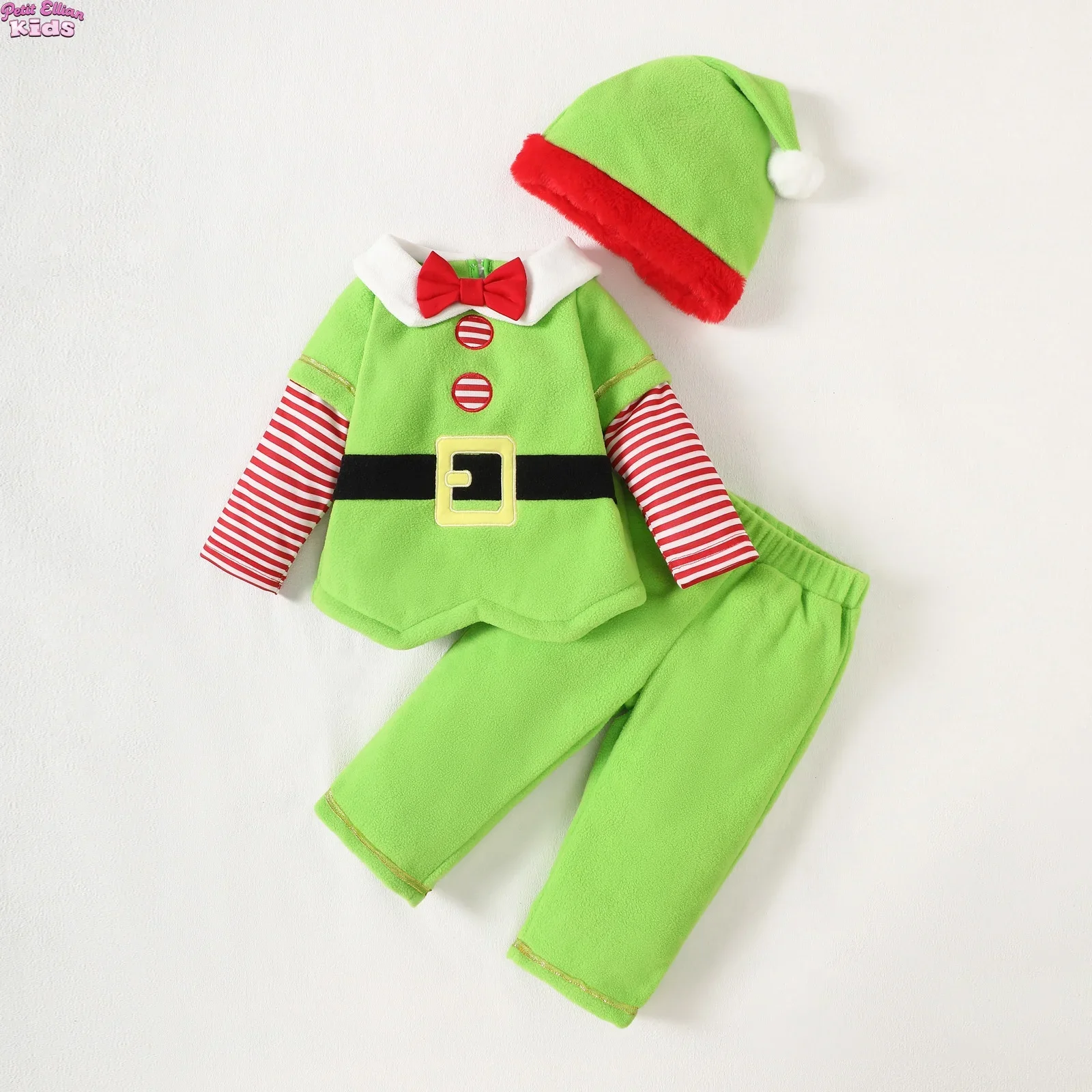 

Christmas Baby Newborn Items Elf Costume 3Pcs Sets 0-4Y Baby Girl Boy Cotton Striped Patchwork Long Sleeve Pants Outfit with Hat