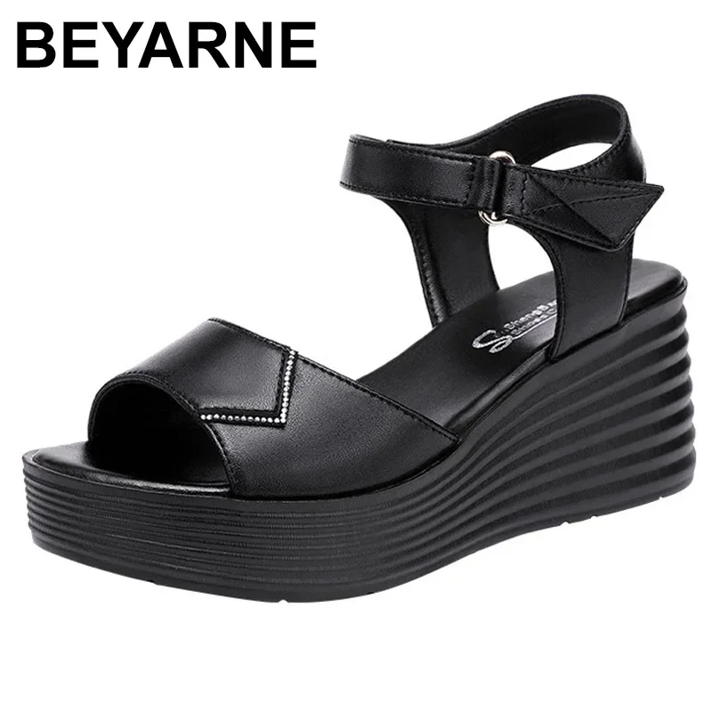 BEYARNE Summer Leather Casual Beach Shoes  Comfortable High Heels Sandals Women Platform Wedges Sandals Office White