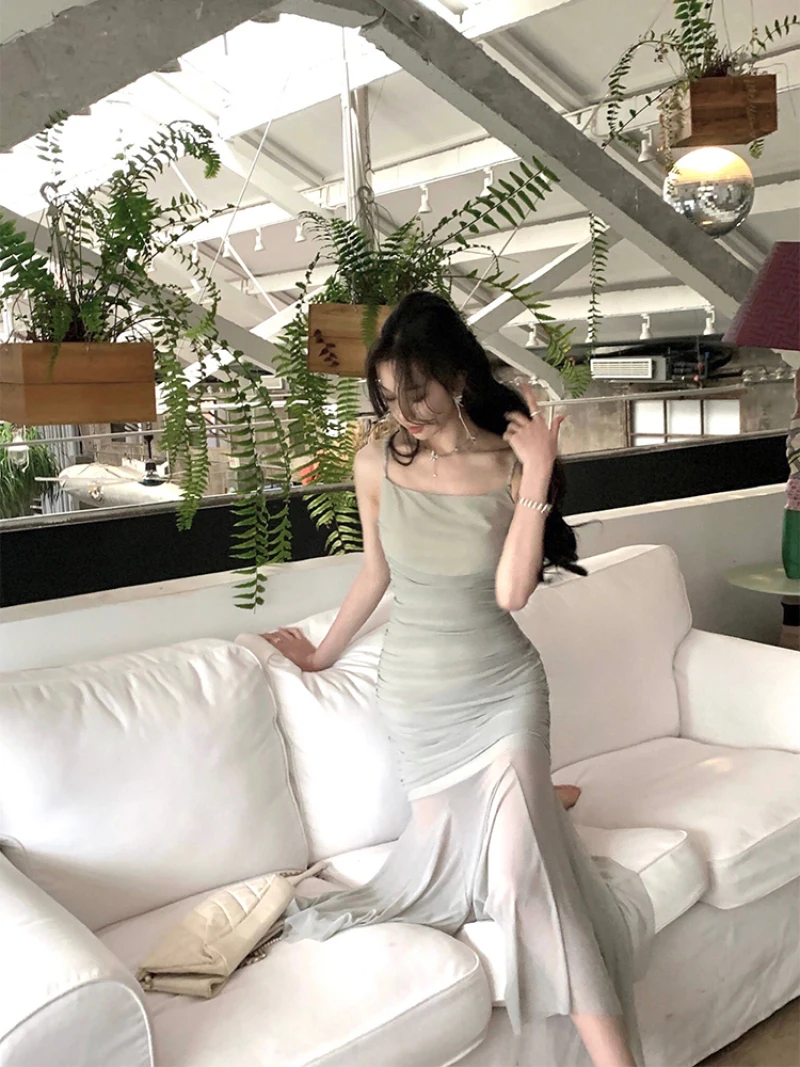 Korean Elegant Straps Dress Women 2023 Summer New Fashion Evening Party Ladies Vestidos Vintage Sexy Slim Female Midi Dresses