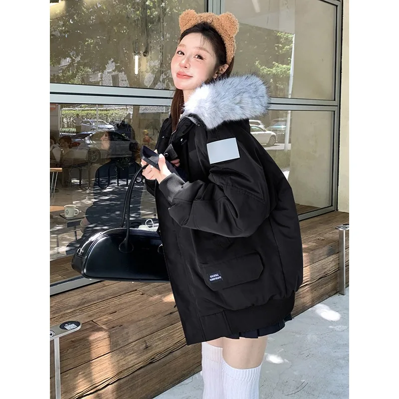 New Winter Thickened Workwear Down Cotton-padded Jacket Petite Women Korean-style Couple  A Large Fur Collar Overcoming Jacket