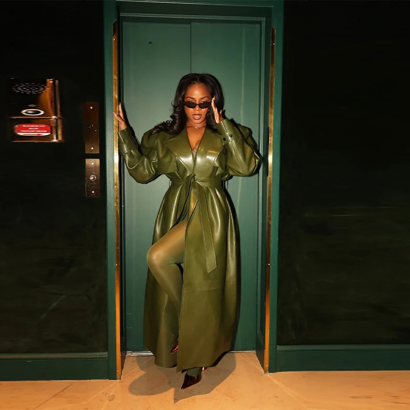 Lady Vintage Faux Leather Jacket  Winter Lapel Cinched Waist Trench Coat 2025 New Luxury Cool Girl Versatile Street Long Outwear