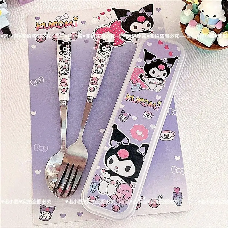 

Kuromi Children Cartoon Tableware Set My Melody Cinnamoroll Students Anime Cute Steel Chopsticks Spoon Fork Portable Set