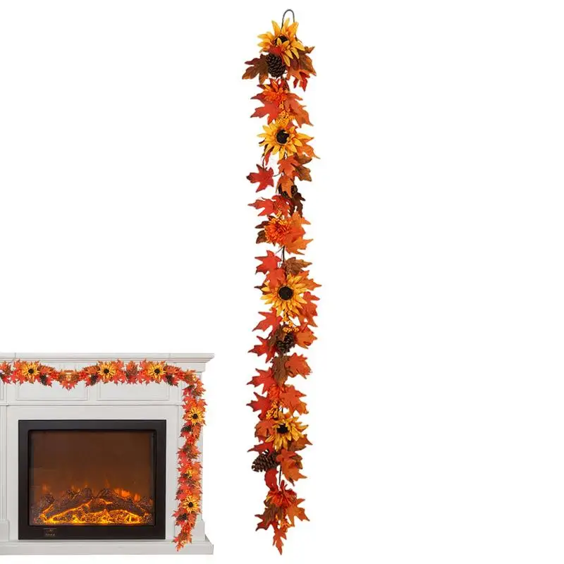 

Fall Garland For Mantle Berries Pine Cones Sunflower Maple Leaves Autumn Mantle Garland 5.9Ft Fall Decorations Indoor Outdoor