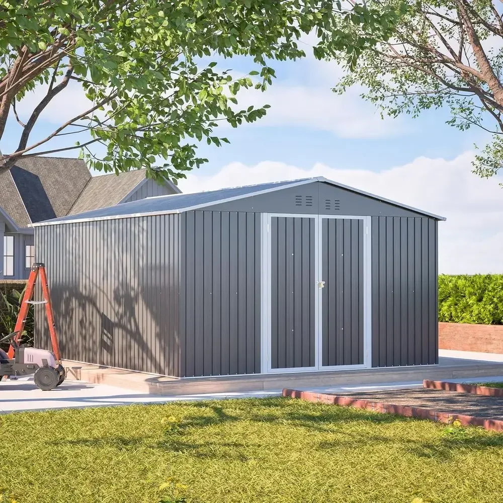 11x13T Outdoor Storage Sheds with loor e& Lockable DoGarden Metal Shed Waterproo Galvanized Steel Tool Shed with Air Vents Slopi