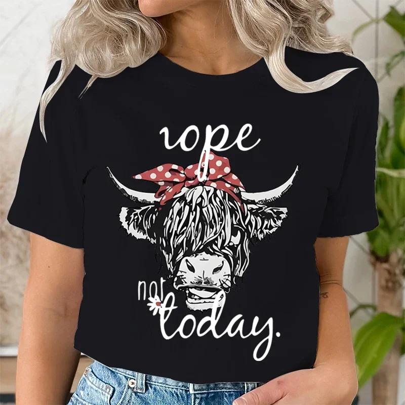 Women Funny T Shirts Cute Hairy Scottish Highland Cow T-Shirt Round Neck Casual Tops Women Cow Head & Letter Print Short T-shirt