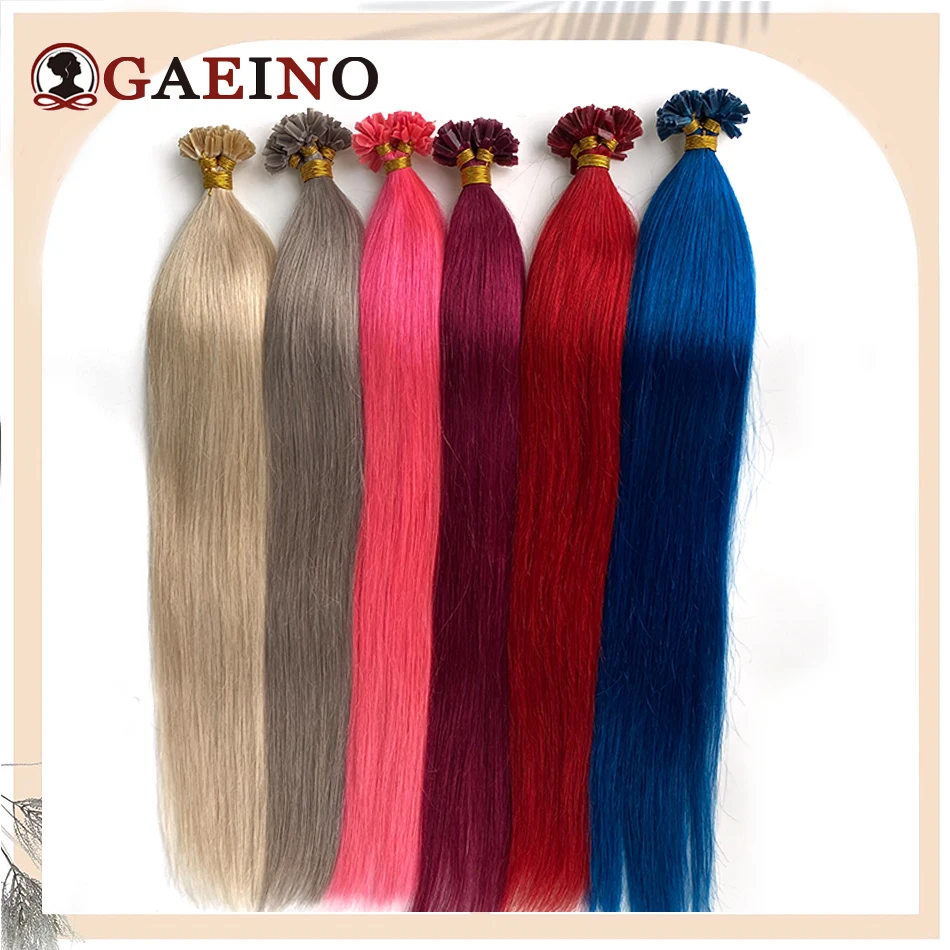 Straight V tip hair extensions natural remy hair pre bonded keratin Capsule human fusion hair extensions bule pink red color