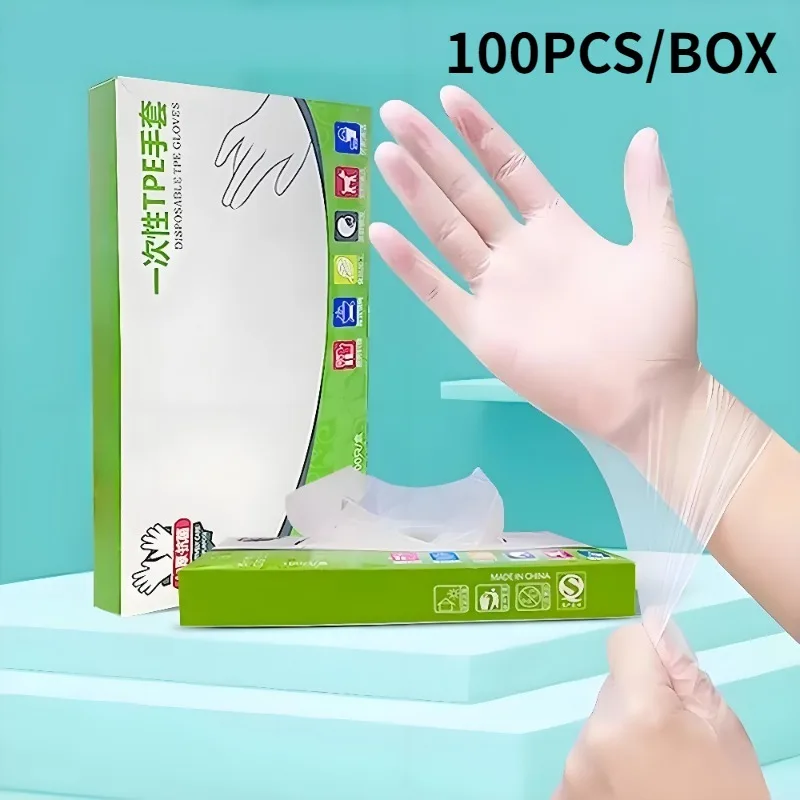 100PCS Disposable TPE Gloves Transparent Latex Free Household Kitchen Bathroom Restaurant Camping Hair Dyeing Cleaning Gloves