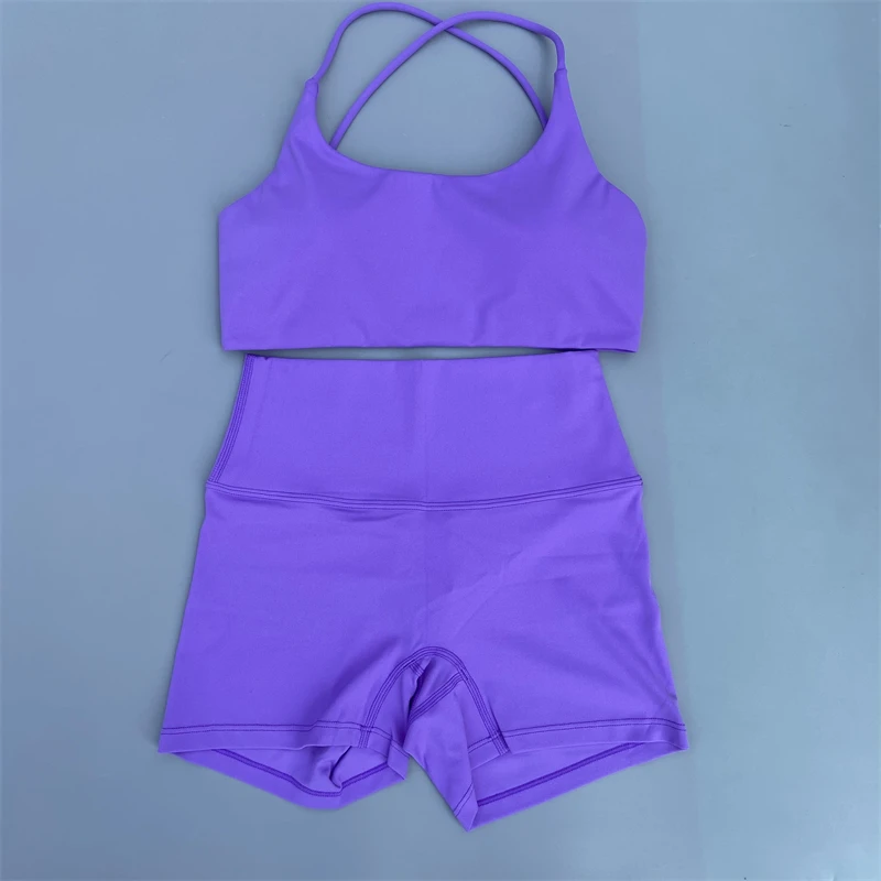 Solid Color Yoga Set Women Gym Sports Suit Workout Outfit Set 2 Piece Cross Back Fitness Bra High Waist Shorts Running Tracksuit