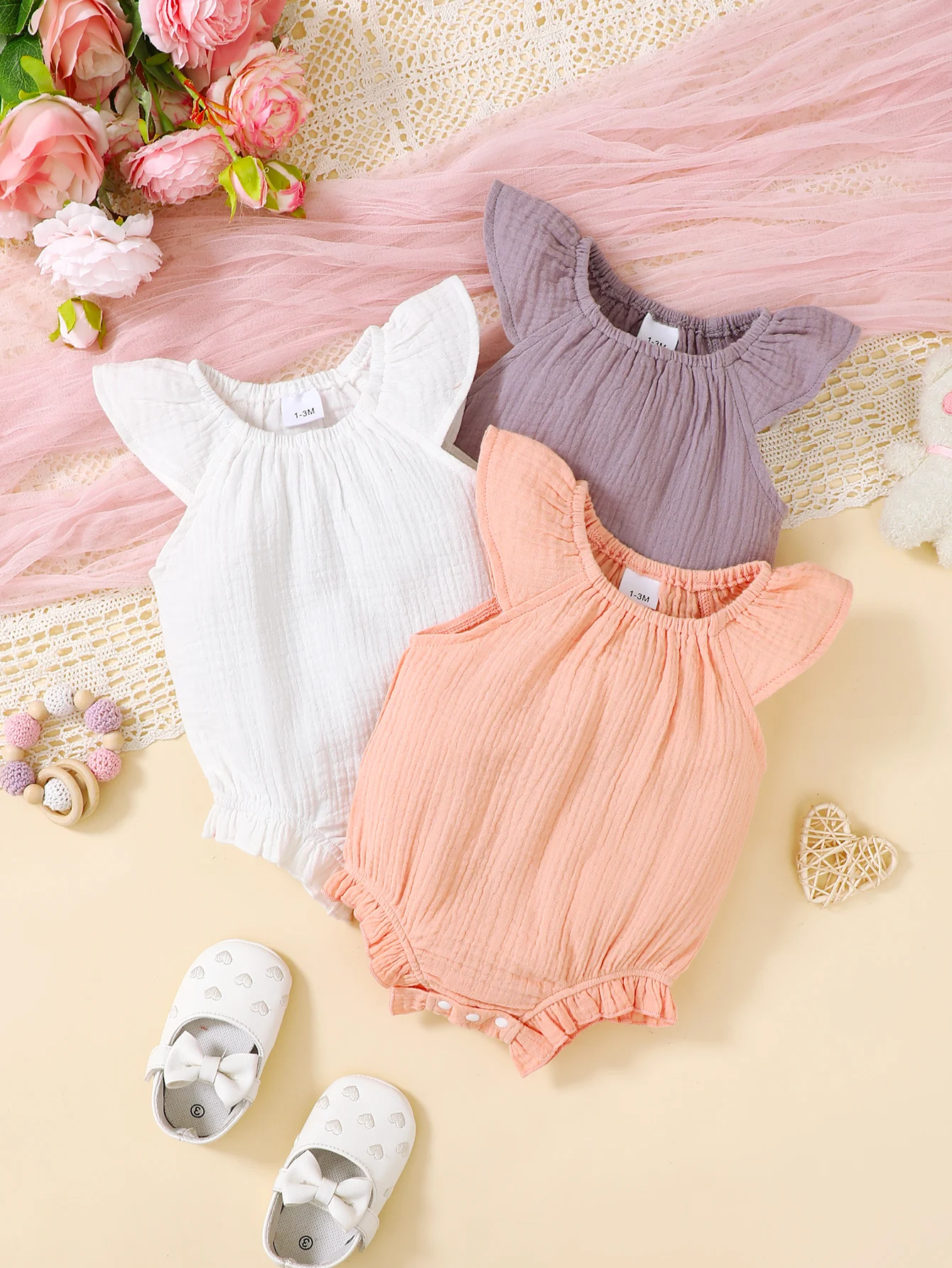 Baby Girl Triangle Romper Set Pure Color Short Sleeve Onesie Multi-piece Casual Comfortable Versatile Simple Cute Basic Style