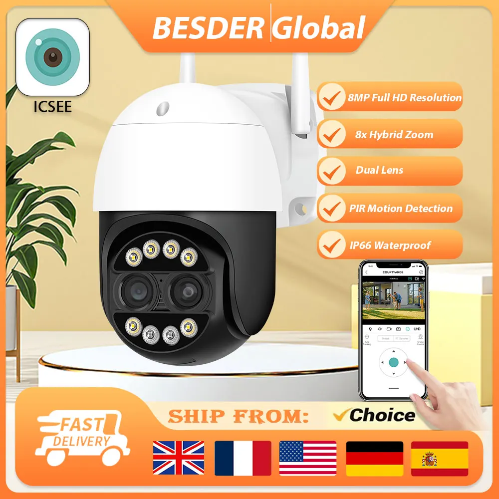 BESDER 8MP 4K 8x Hybrid Zoom 2.8+12mm Dual Lens PTZ IP Camera WiFi Human Detection 4MP Audio Security Video Surveillance Camera