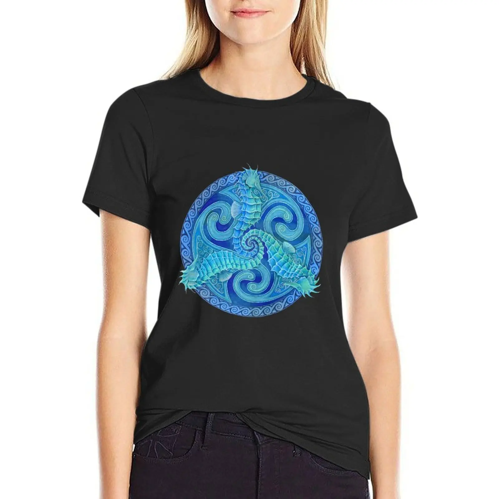 

Seahorse Triskele Blue Celtic Mandala T-Shirt animal prinfor kawaii clothes Women's tee shirt