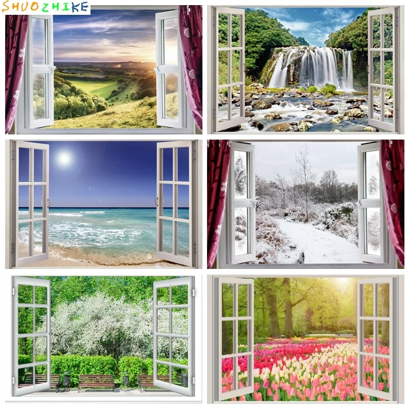 

Window Curtain Natural Mountain Hillside Grass Tree Scenic Photo Background Photography Backdrops Photocall Photo Shoot