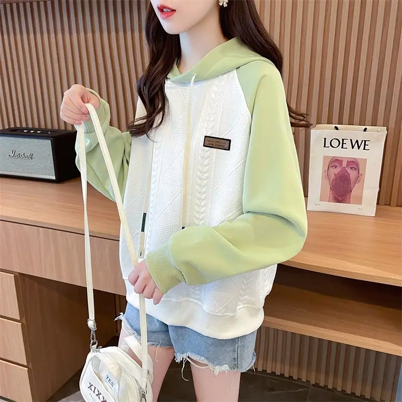 Casual Korean Contrast Color Spliced Sweatshirts 2023 Autumn Winter Fashion All-match Long Sleeve Hooded Tops Women\'s Clothing