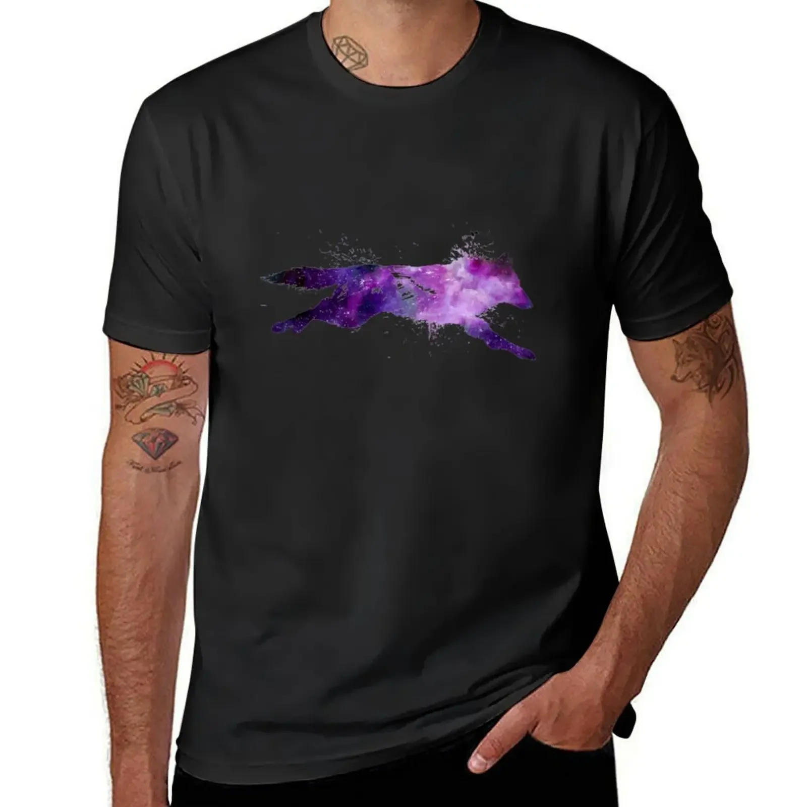 Vintage Wolf Running Galaxy Splatter T-Shirt cotton man t-shirts anime clothes tee shirts for men