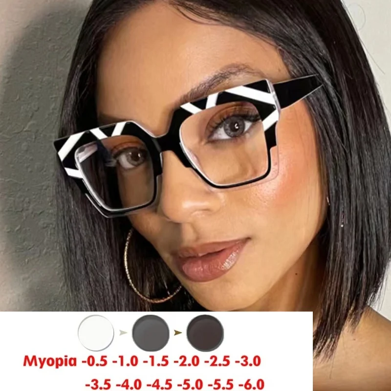 Color matching large frame cat\'s eye anti-blue light myopia glasses frame fashion cool plain glasses -25~-600