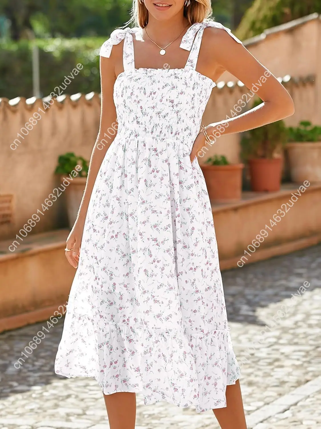 Imily Bela Abito estivo da donna con cinturino allacciato Boho Abito da spiaggia floreale Collo quadrato Abiti da sole con volant Abito maxi smock a linea