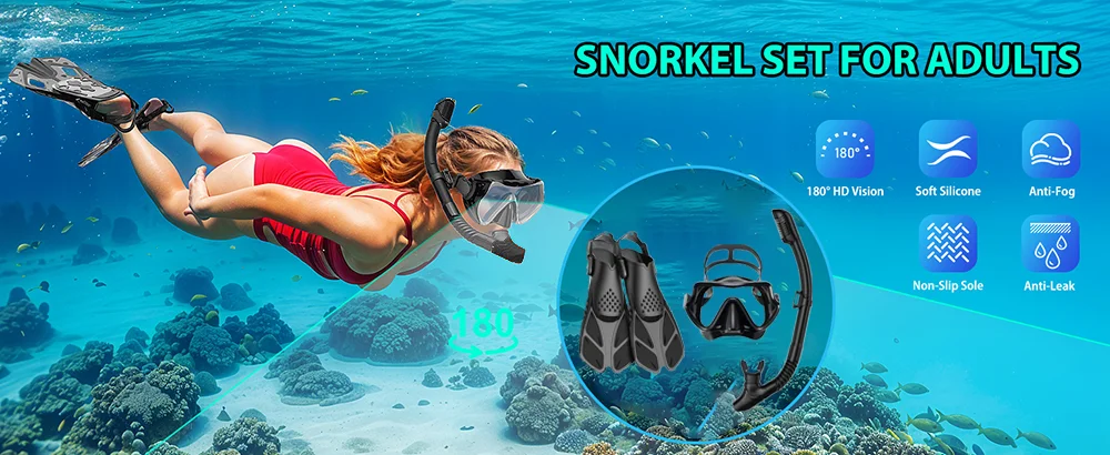 Schnorchel-Set mit Panorama-Sichtmaske, Verstellbaren Tauchflossen, Trocken-Schnorchel und Reisetasche - Schnorchelausrüstung für Erwachsene – Detail 2