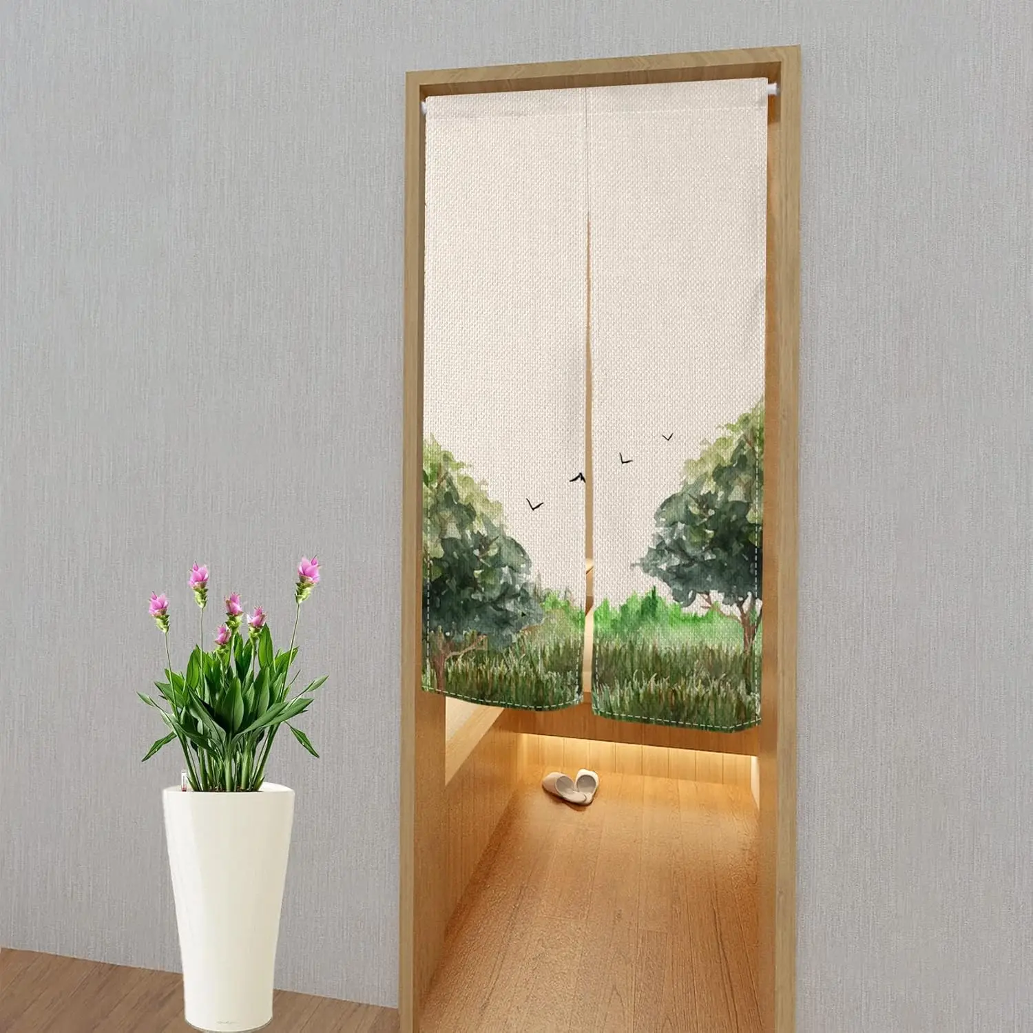 Japanese Style Landscape Painting Door Curtain, Traditional Ink Painting of Trees and Birds for Home Entrance Kitchen Bedroom