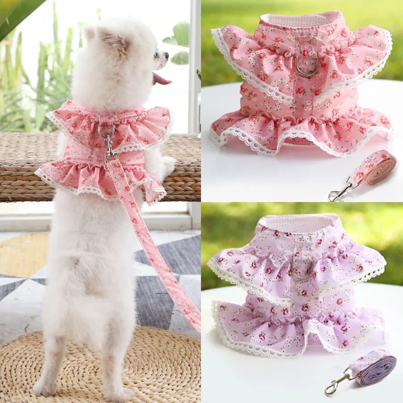 Girl Dogs Harness Leashes Collars Sets Adjustable Luxury Flower Breathable Vest No-Pull Cute Mesh Pet Puppy Cat Safety Harness