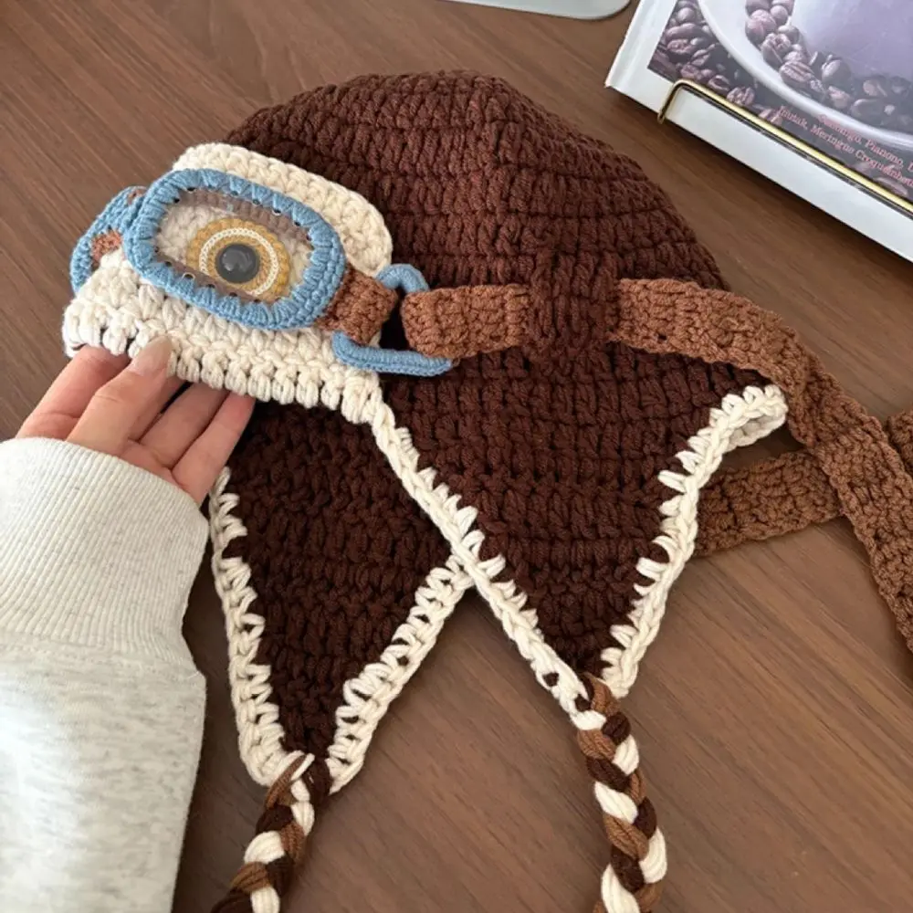 Windproof Winter Pilot Hat With Goggles Color-Blocked Crocheted Knitted Beanie Warm Cold Proof Earflap Cap Hiking
