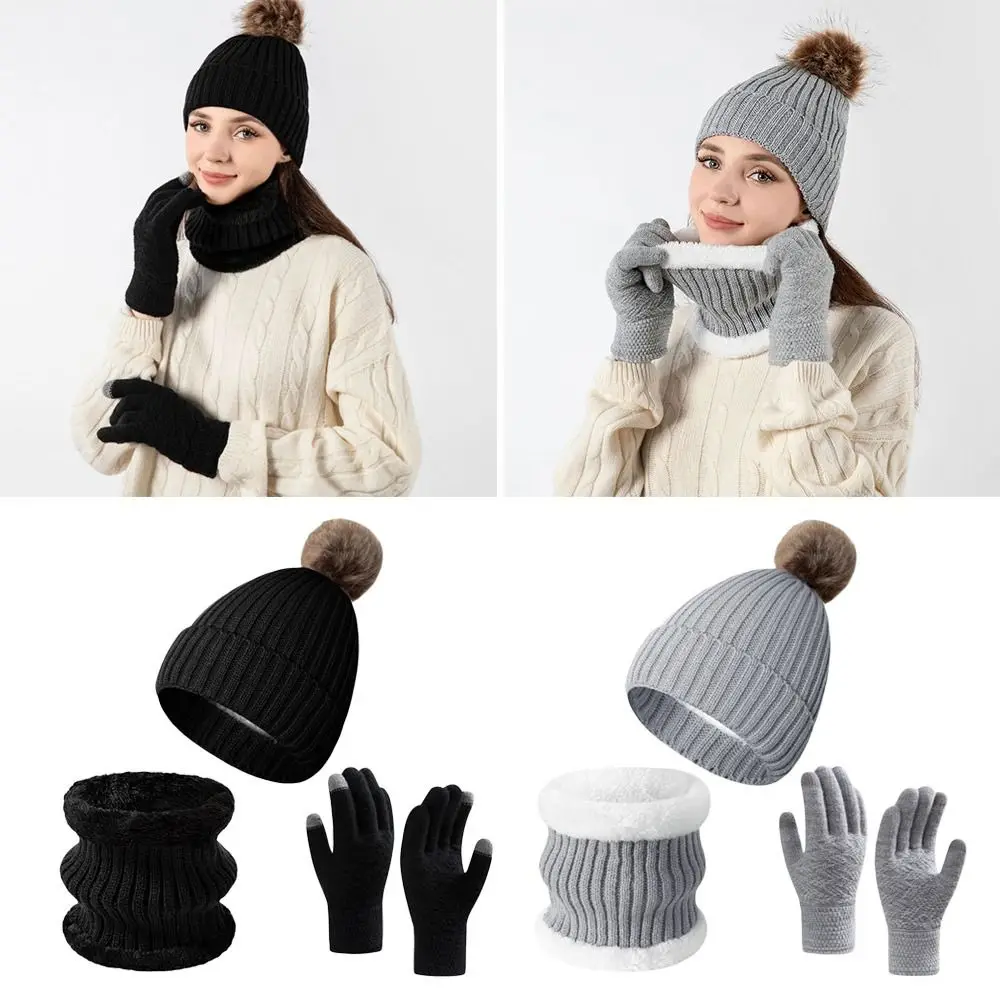 3Pcs/Set Gift Warm Women Hats Scarf Gloves Set Ear Protection Soft Knitted Hat Windproof Plush Winter Warm Mitten Outdoor