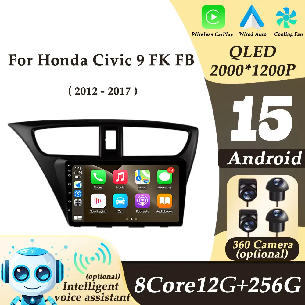 

LHD for Honda Civic 9 FK FB 2012 - 2017 CarPlay Android 15 Car Radio Video Audio Multimedi Player Split Screen GPS Navi DSP WIFI