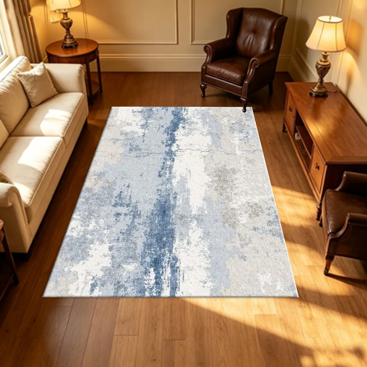 Faded Abstract Art Carpet Flooring, Blue Grey Vintage Style Area Rug for Living Room Home Decor